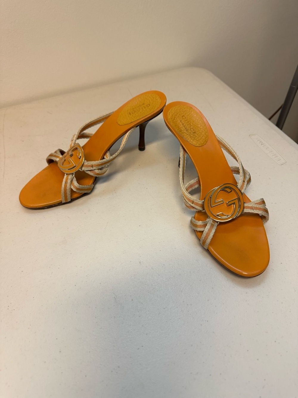 Gucci Orange Leather Logo Strappy Heels with Metallic Accents